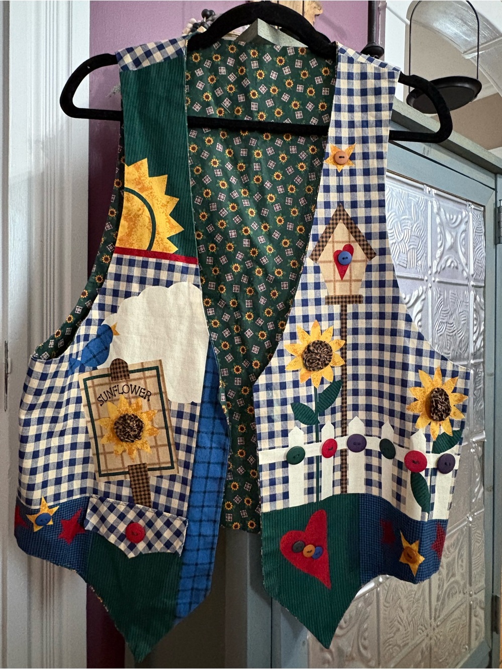 Handmade Sunflower Patchwork Vest - Blue Gingham
